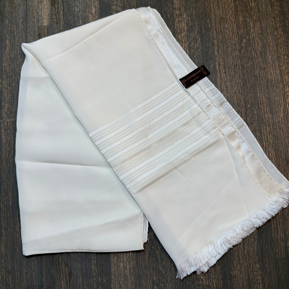 Yves Saint Laurent Foulards Silk Scarf Cream Ivory Striped Fringed Made in Japan
